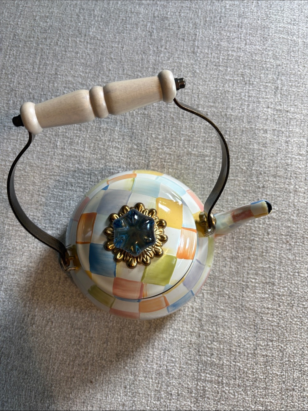 MacKenzie-Childs Pastel Checkered Teapot with Blue Glass Finial - Picture 3 of 6